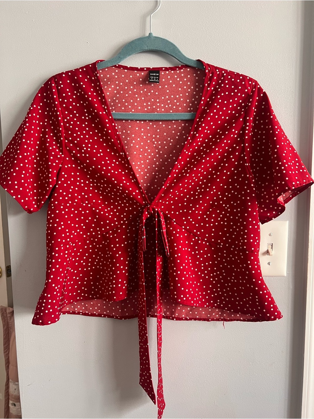 SHEIN Red Polka Dot Tie-Front Blouse